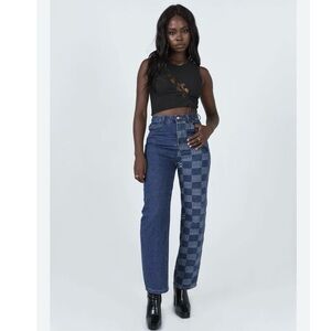 Princess Polly Cher Straight Leg Denim Jean in Denim Dark Wash size 6 Checked
